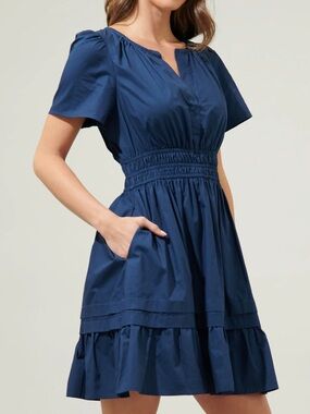 NWT Sugarlips Miller Split Neck Tiered Smocked-Waist Mini Dress